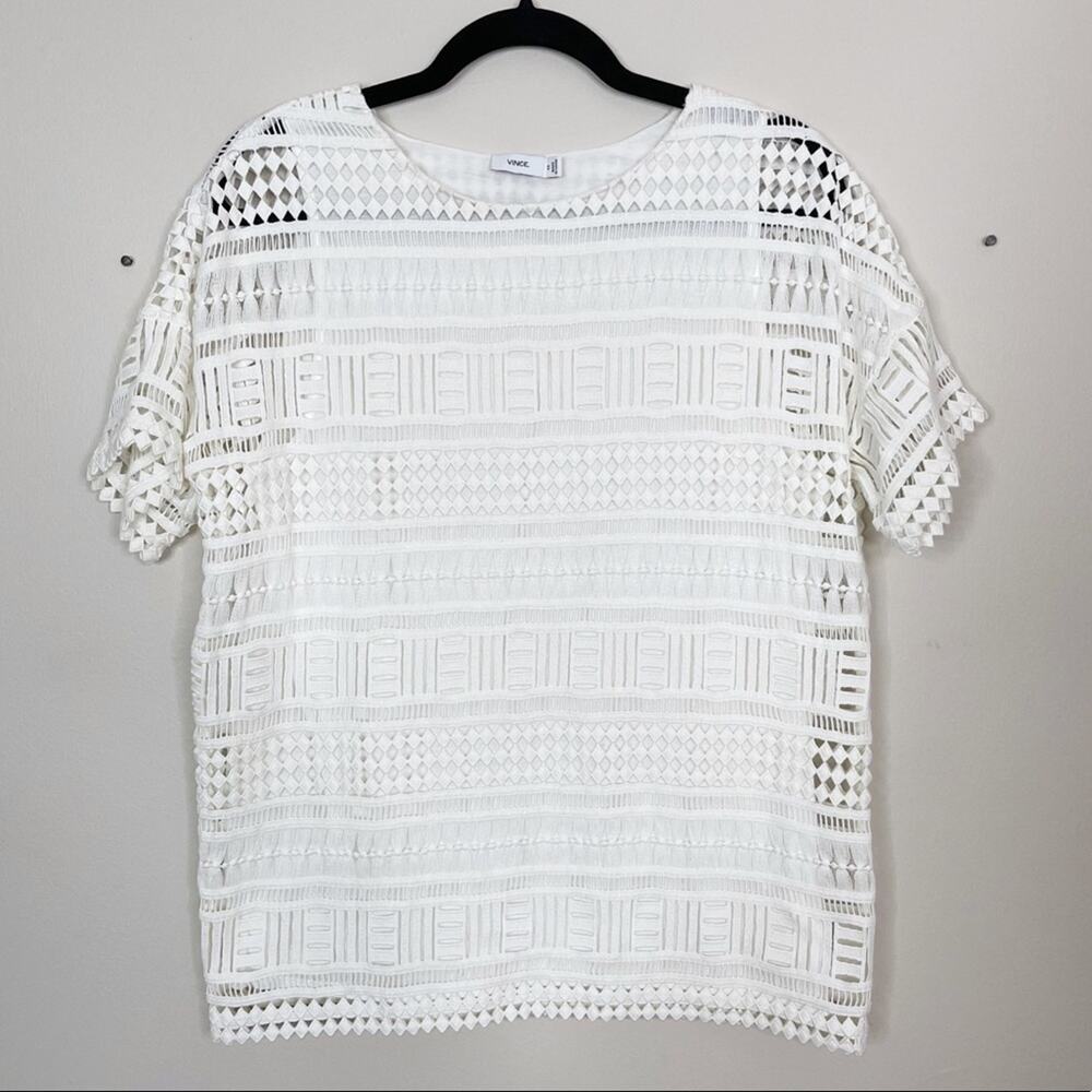 Vince Womens XSmall XS White Geo Lace Overlay Short Sleeve Top Blouse Crew Neck